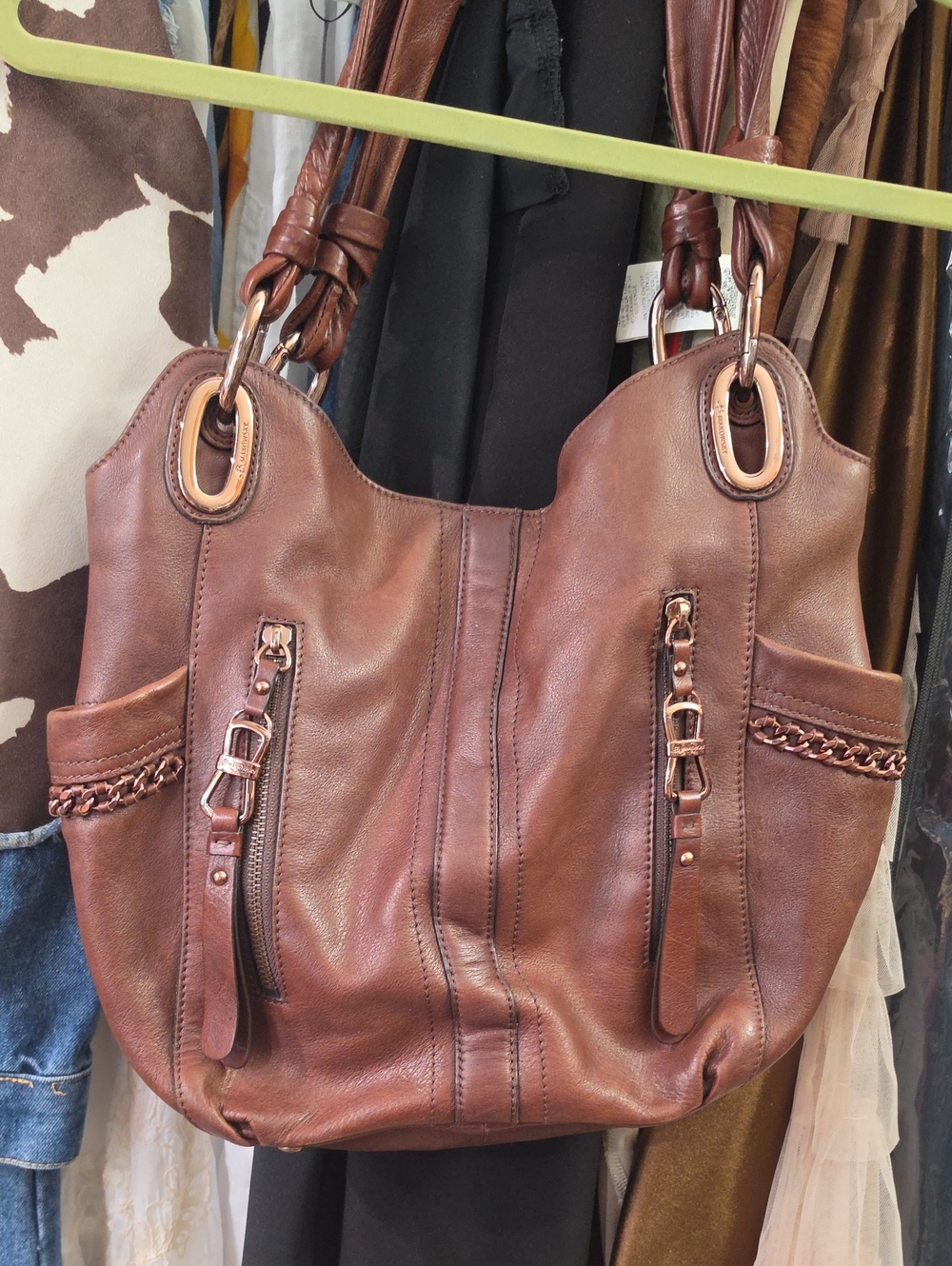 B. Makowsky Brown Leather Shoulder Bag with Dual Front Zips